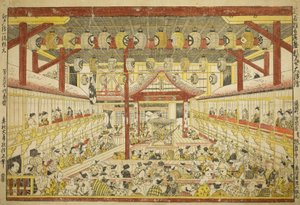 Stor perspektivbild av Kaomise-föreställningen på Kabuki-scenen av Okumura Masanobu
