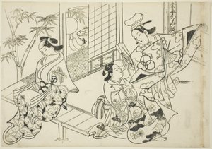 Narihira: The Mirror Scene (Narihira kagami no dan), från serien "Famous Scenes from Japanese Puppet Plays (Yamato irotake)" av Okumura Masanobu