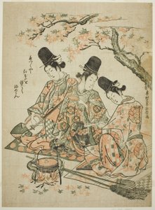 Parodi på palatsskötare som bränner lönnlöv för att värma Sake från "The Tale of Heike" av Okumura Masanobu