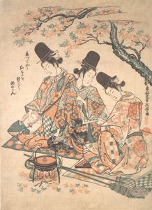 Parodi på palatstjänare som värmer Sake över en eld av lönnlöv, ca. 1750., ca. 1750. av Okumura Masanobu