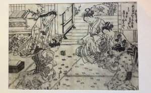 Parodi på händer: kvinnor spelar kortspelet Hundra dikter, en poet var, dubbelsidig illustration ur Hundra dikter, en poet var av Okumura Masanobu