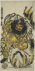 Demonfördrivaren Shoki vässar sitt svärd, ca 1725 (handkolorerat träsnitt; hosoban, urushi-e) av Okumura Masanobu