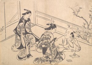 Skådespelaren Ichimura Takenojo liggande på en balkong, ca. 1715., ca. 1715. av Okumura Masanobu