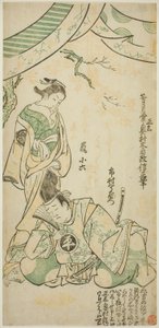 Skådespelarna Ichimura Uzaemon VIII som Taira no Koremochi och Arashi Koroku I som Makomo no Mae i "Shusse Momijigari", uppträdde på Ichimura Theatre i den elfte månaden, 1747 av Okumura Masanobu