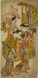 Skådespelarna Sanjo Kantaro II som Osome och Ichikawa Monnosuke som Hisamatsu i pjäsen "Osome Hisamatsu Tamoto no Shiro Shibori", uppträdde på Morita-teatern, 1720 av Okumura Masanobu