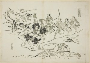 Kuriren Kantan drömmer om sig själv som en Daimyo (Hikyaku Kantan: yume no daimyo), nej. 8 från en serie om 12 tryck som föreställer parodier på pjäser av Okumura Masanobu