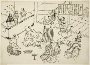The Dressing Room of a Puppet Theatre, innehållsförteckningen från serien "Famous Scenes from Japanese Puppet Plays (Yamato irotake)" av Okumura Masanobu