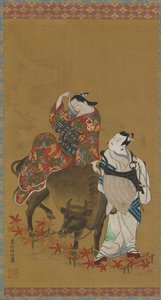 Två kabuki-skådespelare i rollerna som en kurtisan på en vattenbuffel och en resande präst, 1686-1764. av Okumura Masanobu