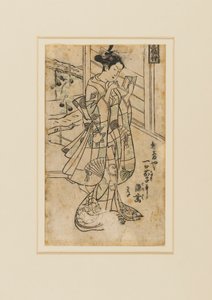 Träblockstryck - Onoe Kikingoro I som kvinna som läser en bok, 1700-tal av Okumura Masanobu