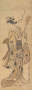 Yaoya O Shichi står och håller ett kärleksbrev och en Battledore, ca. 1748., ca. 1748. av Okumura Masanobu