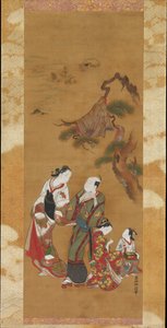 Yukihira und zwei Bräutjungfern in Suma av Okumura Masanobu