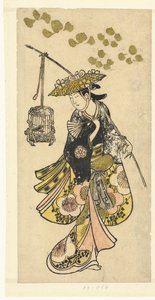 Ung kvinna med fågelbur av Okumura Toshinobu (attributed to)