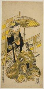 Skådespelarna Ichikawa Monnosuke I som Kusunoki Masatsura och Arashi Wakano som Oyuki i pjäsen "Honen Taiheiki", uppfördes på Nakamura Theatre i elfte månaden, 1723 av Okumura Toshinobu