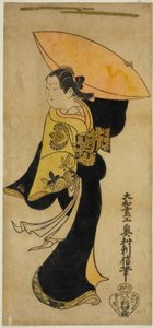 Skådespelaren Fujimura Handayu II som Nowake no Mae i pjäsen "Tategami Teika Kazura", uppträdde på Ichimura Theatre i elfte månaden, 1719 av Okumura Toshinobu