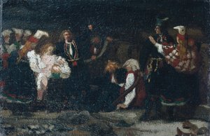 Fight in a Farmyard (olja på duk) av Olaf Isaachsen