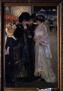 Café i Paris (Frankrike). (Café i Paris). Nattscen, tre kvinnor pratar mitt i en folkmassa vid bordet, i fjärran, en orkester och gatlyktorna i staden. Målning av Alexander Alexandrovich Murashko (Alexander Murashko) (1875-1919), olja på duk av Oleksandr Murashko