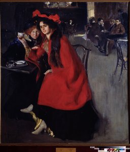 På ett kafé (på ett café). Scen på ett kafé förmodligen i Paris. Målning av Alexander Alexandrovich Murashko (Alexander Murashko) (1875-1919), olja på duk av Oleksandr Murashko