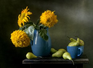 Skörd av blommor och päron