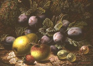 Stilleben med plommon, krusbär, äpple, päron och jordgubbar
