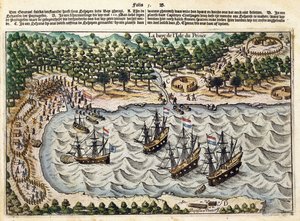 Utsikt över holländskt skepp i hamnen, ca 1598-1602 av Olivier van Noort