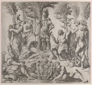 Allegorisk komposition med sex olympiska gudar samlade kring en gestalt i rustning, 1615-35., 1615-35. av Oliviero Gatti