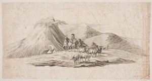 Islandskt landskap med får och ryttare