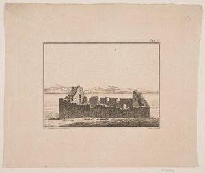 Kyrkruin på Grönland. Illustration för W.A. Grah. Forskningsresa till Grönlands östkust av Oluf Olufsen Bagge