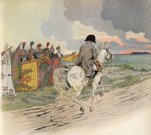 Fantasifull bild av Napoleon på hästryggen som tar emot respekten från Europas soldater av Onfray de Breville Job
