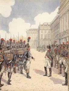 Napoleon närmades av en nervös löjtnant under en parad i Schönbrunn av Onfray de Breville Job