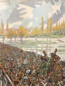 Napoleon korsar bron vid Elster med sin armé, med en olycksbådande himmel av Onfray de Breville Job