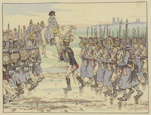 Napoleon ser på som arméns sista kontingent i det franska fälttåget marscherar förbi nära Reims, 16 mars 1814 av Onfray de Breville Job