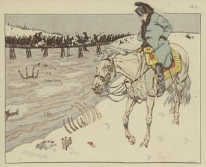 Napoleon tittar på resterna av sin Grand Armee som korsar floden Berezina på reträtten från Moskva, 1812 av Onfray de Breville Job