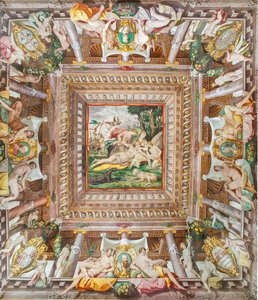 Utsikt över taket i Adonis-rummet och minnesstenarna för familjemedlemmarna Rossi, Gonzaga, Riario och Medici, Rocca dei Rossi, San Secondo, Parma, Italien av Orazio (attr.to) Samacchini