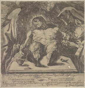 Klagoång över Kristi kropp av de tre Mariana, en burk med salva på bordet till ..., 1615.