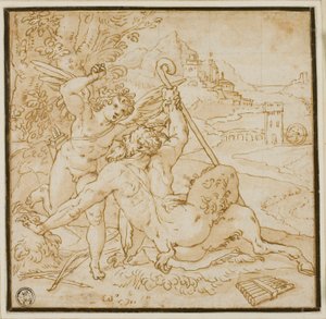 Cupid som övervinner Pan av Orazio Samacchini