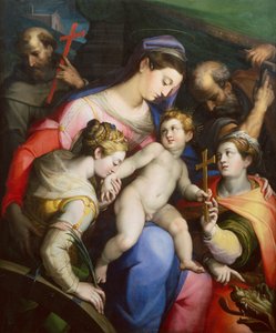 Den heliga familjen med de heliga Margareta, Catherine och Franciskus (olja)