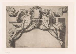 Design för en dörrkarm med två genii som håller upp kartusch av Orazio de Santis (attributed to)