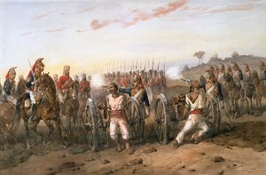 Myterister på väg att sprängas ur vapen av Bengal Horse Artillery, ca 1858 (akvarell på papper)