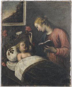 Madonna med barn (olja på duk) av Orsola Maddalena Caccia