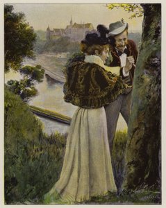 Par som ristar in sina initialer i barken på ett träd (färg litho) av Oscar Bluhm