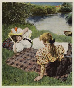 Två unga kvinnor kopplar av på en flodstrand och diskuterar att vara kär (färg litho) av Oscar Bluhm