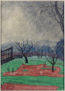 Fält vid solnedgången (w/c & krita på papper)