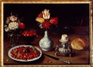 Stilleben med blomvas Buketter av tulpaner och nejlikor med körsbär, vilda jordgubbar, kokt ägg (äggkopp) och bröd. Målning av Osias Beert I ou l