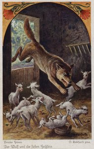 Scen från Vargen och de sju unga barnen, av bröderna Grimm av Oskar Herrfurth