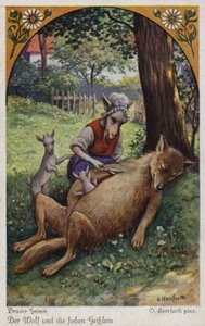 Scen från Vargen och de sju unga barnen, av bröderna Grimm av Oskar Herrfurth