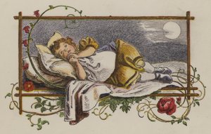 Liten flicka sover i sin säng på natten (färg litho)