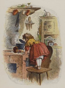 Liten flicka tittar in i en kastrull på en spis (färg litho) av Oskar Pletsch