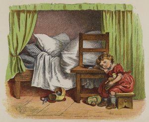 Liten flicka som sitter bredvid sin säng (färg litho) av Oskar Pletsch