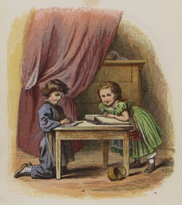 Två barn som läser böcker (färg litho)