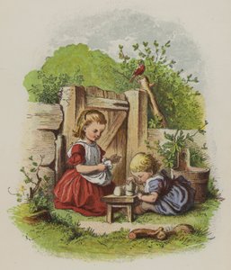 Två små flickor som leker i en trädgård (färg litho)